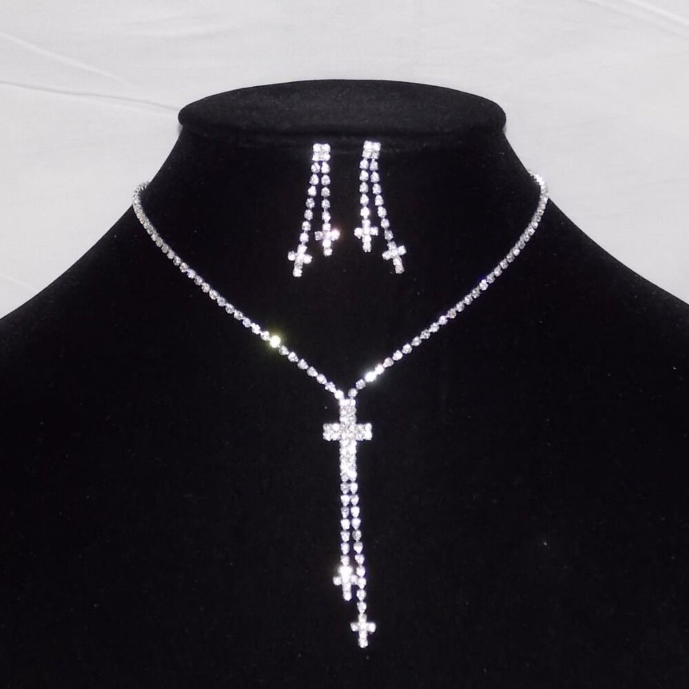 Silver necklace and earrings set Rhinestone Crystal Cross Bridal necklace set